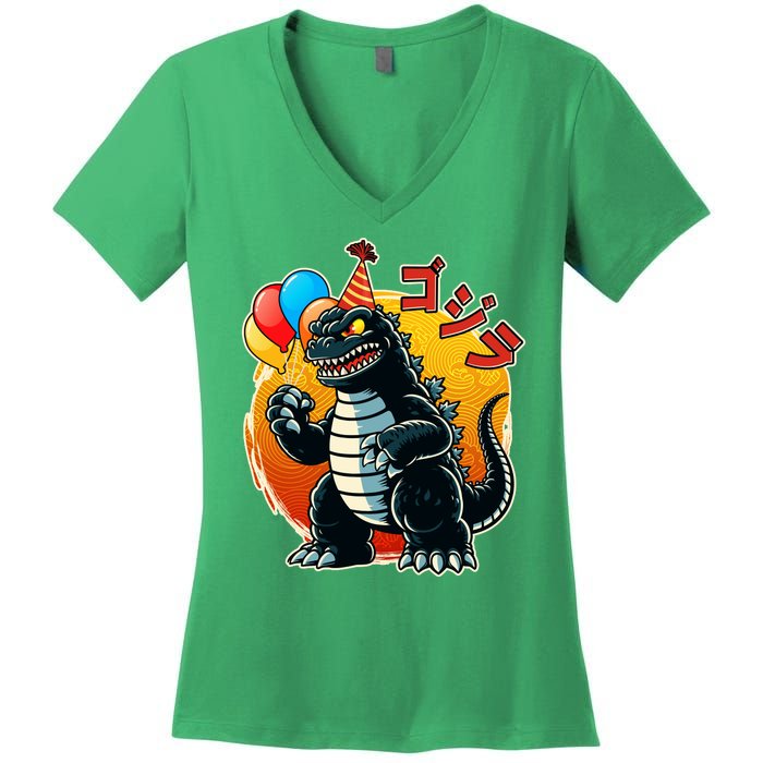 Funny Happy Birthday Japanese Kaiju Monster Women's V-Neck T-Shirt