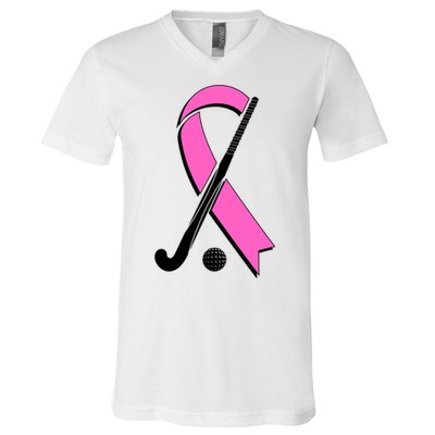 Field Hockey Breast Cancer Awareness Ribbon V-Neck T-Shirt