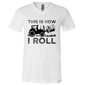 Funny Hay Bale How I Roll Gift Cool Farmer Tractor Driver V-Neck T-Shirt