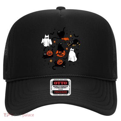 Funny Halloween Black Cat Outfit Costumes Cute Ghost Cat Gift High Crown Mesh Back Trucker Hat