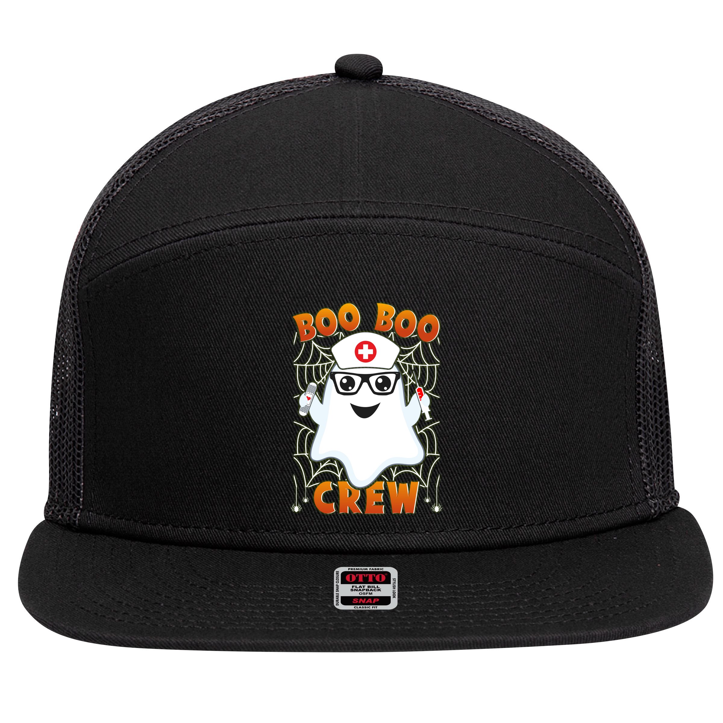 Funny Halloween Boo Boo Crew Ghost Nurse 7 Panel Mesh Trucker Snapback Hat