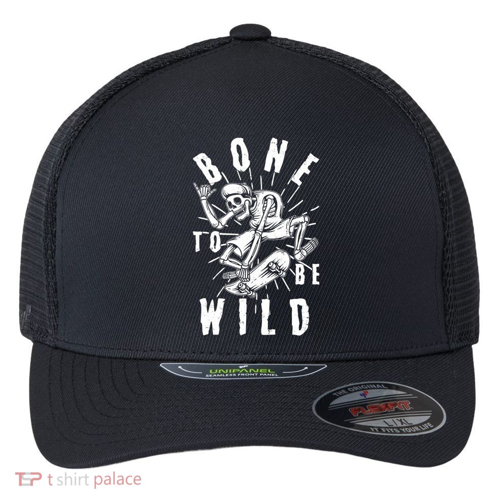 Funny Halloween Bone To Be Wild Skateboarding Skeleton Flexfit Unipanel Trucker Cap