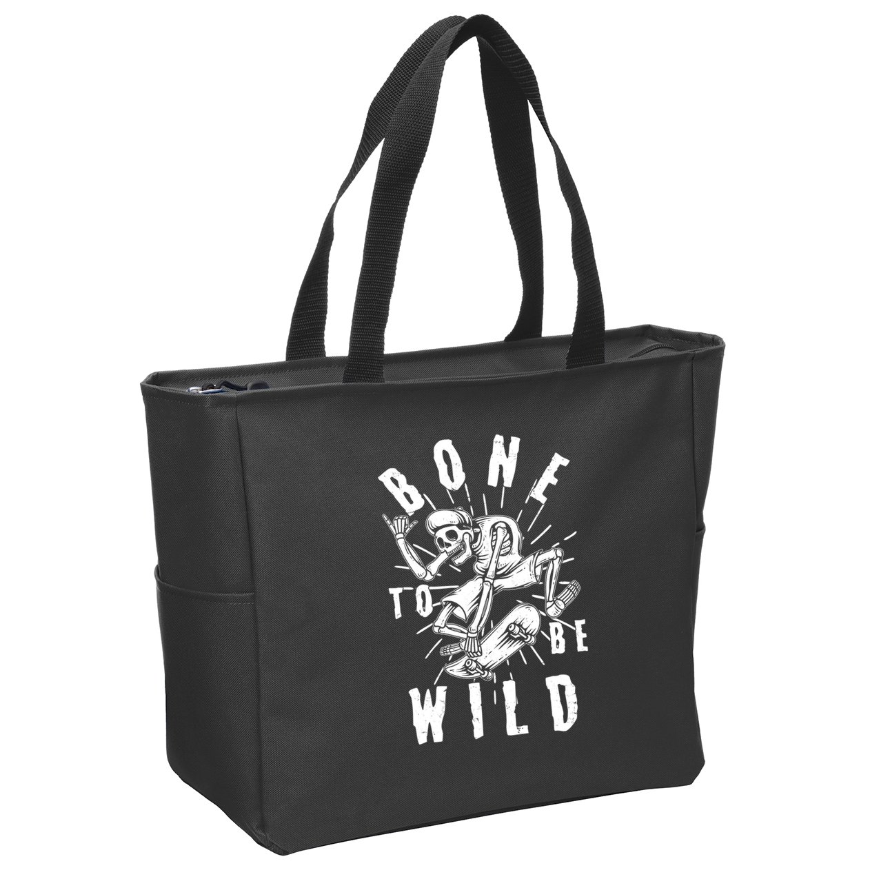 Funny Halloween Bone To Be Wild Skateboarding Skeleton Zip Tote Bag
