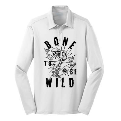 Funny Halloween Bone To Be Wild Skateboarding Skeleton Silk Touch Performance Long Sleeve Polo