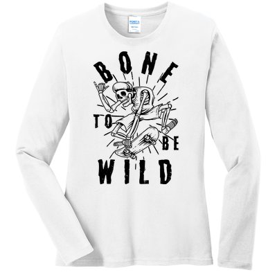 Funny Halloween Bone To Be Wild Skateboarding Skeleton Ladies Long Sleeve Shirt