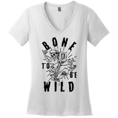 Funny Halloween Bone To Be Wild Skateboarding Skeleton Women's V-Neck T-Shirt