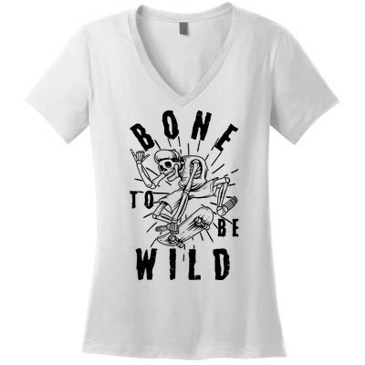 Funny Halloween Bone To Be Wild Skateboarding Skeleton Women's V-Neck T-Shirt