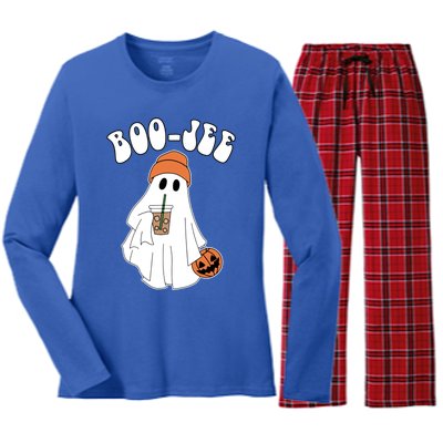 Funny Halloween Boo Jee Ghost Ing Coffee Cool Gift Women's Long Sleeve Flannel Pajama Set 