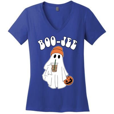 Funny Halloween Boo Jee Ghost Ing Coffee Cool Gift Women's V-Neck T-Shirt