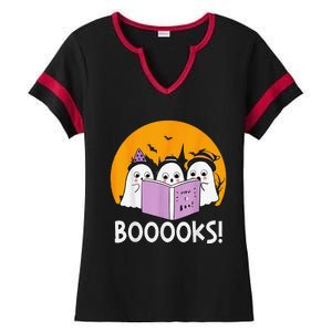 Funny Halloween Booooks! Cute Ghost Reading Library Books Ladies Halftime Notch Neck Tee