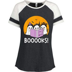 Funny Halloween Booooks! Cute Ghost Reading Library Books Enza Ladies Jersey Colorblock Tee