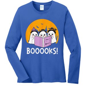 Funny Halloween Booooks! Cute Ghost Reading Library Books Ladies Long Sleeve Shirt