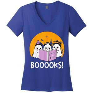 Funny Halloween Booooks! Cute Ghost Reading Library Books Women's V-Neck T-Shirt