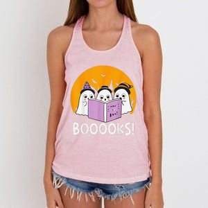 Funny Halloween Booooks! Cute Ghost Reading Library Books Women's Knotted Racerback Tank