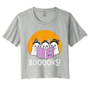 Funny Halloween Booooks! Cute Ghost Reading Library Books Women's Crop Top Tee