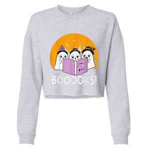 Funny Halloween Booooks! Cute Ghost Reading Library Books Cropped Pullover Crew