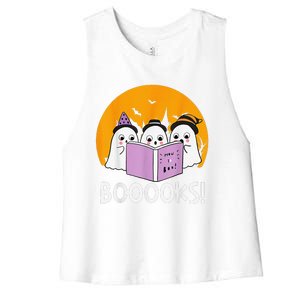 Funny Halloween Booooks! Cute Ghost Reading Library Books Women's Racerback Cropped Tank