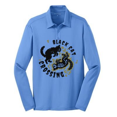 Funny Halloween Black Cat Crossing Gift Silk Touch Performance Long Sleeve Polo