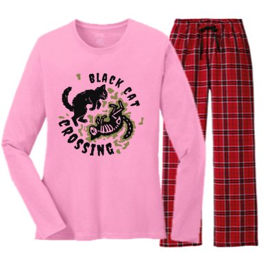 Funny Halloween Black Cat Crossing Gift Women's Long Sleeve Flannel Pajama Set 