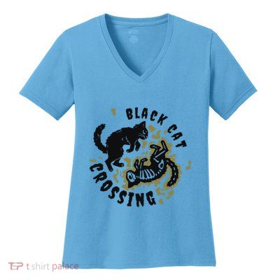 Funny Halloween Black Cat Crossing Gift Women's V-Neck T-Shirt