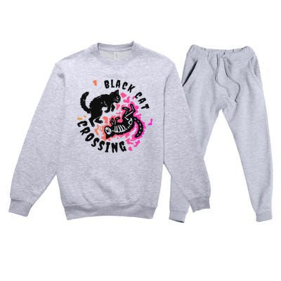 Funny Halloween Black Cat Crossing Gift Premium Crewneck Sweatsuit Set