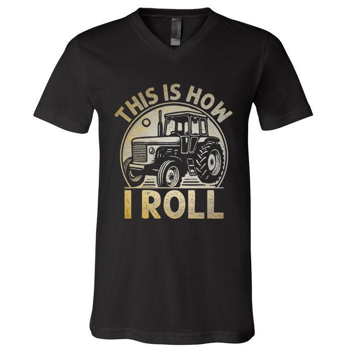 Funny Hay Bale How I Roll Gift Cool Farmer Tractor Driver V-Neck T-Shirt