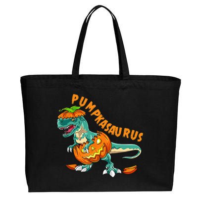 Funny Halloween Boy Pumpkasaurus T Rex Dinosaur Pumpkin Cotton Canvas Jumbo Tote