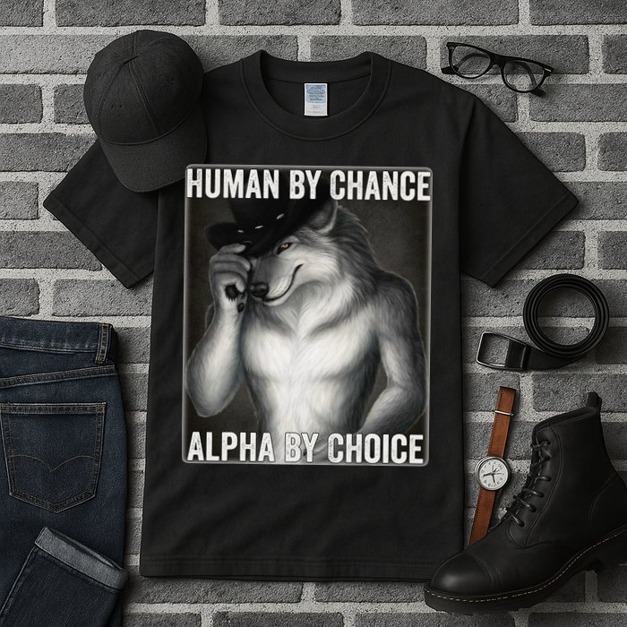 Funny Human By Chance Alpha By Choice Cool Alpha Wolf Meme Tall T-Shirt