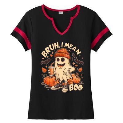 Funny Halloween Bruh I Mean Boo Ghost Ladies Halftime Notch Neck Tee