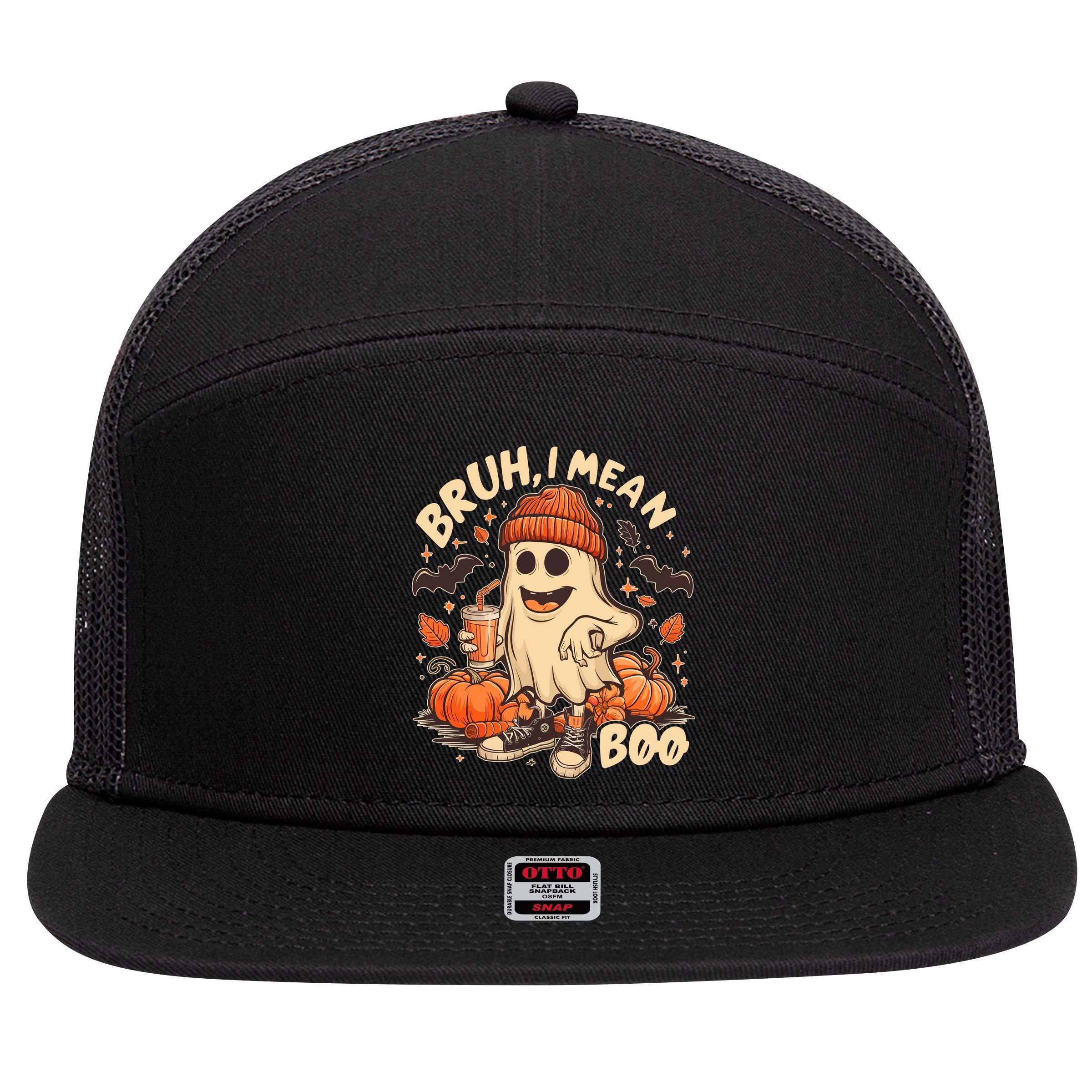 Funny Halloween Bruh I Mean Boo Ghost 7 Panel Mesh Trucker Snapback Hat