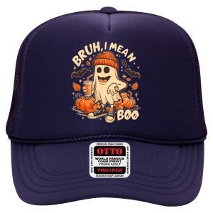 Funny Halloween Bruh I Mean Boo Ghost High Crown Mesh Back Trucker Hat