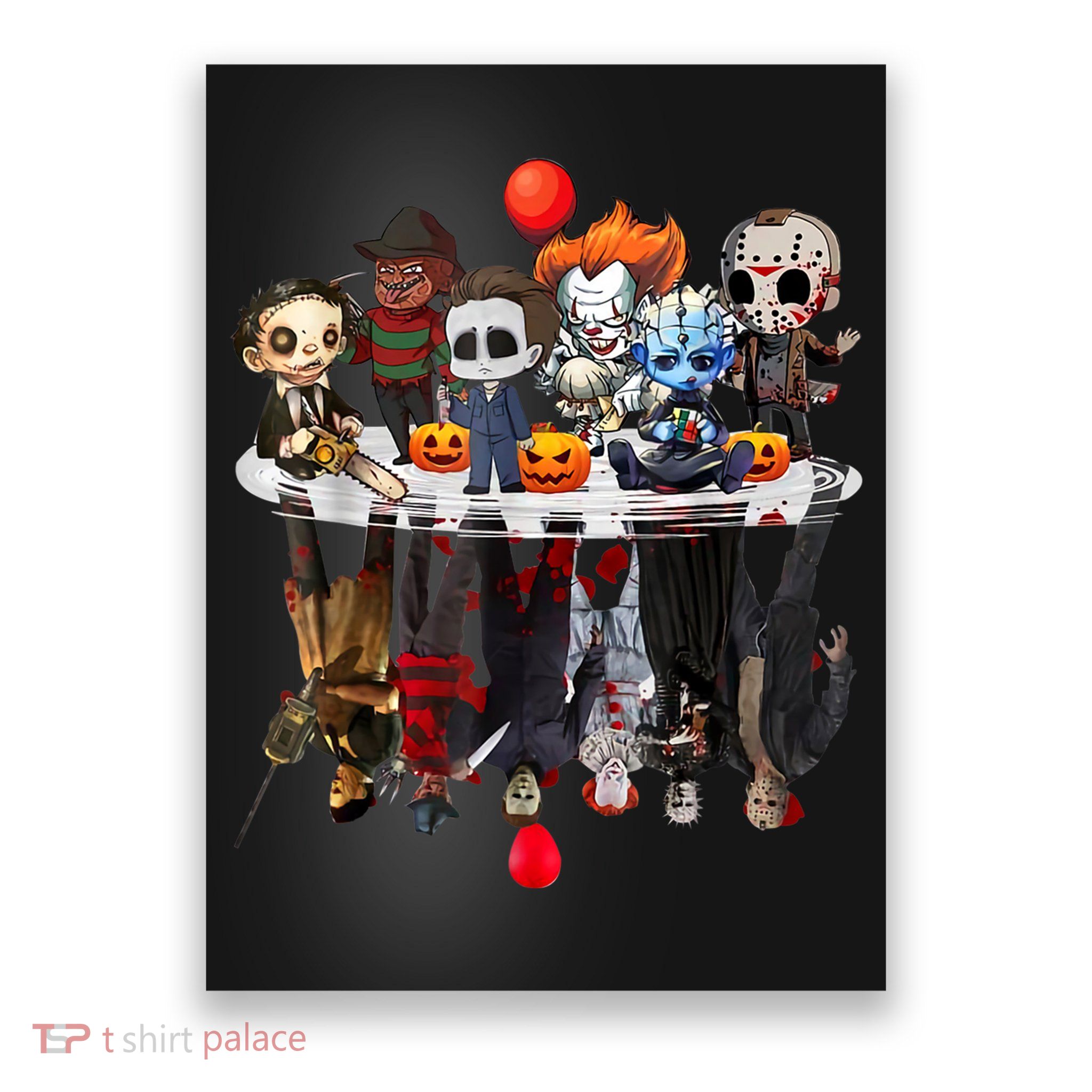 Funny Halloween, Cute Halloween, Cute Horror Movie Chibi Character Water Reflect Poster