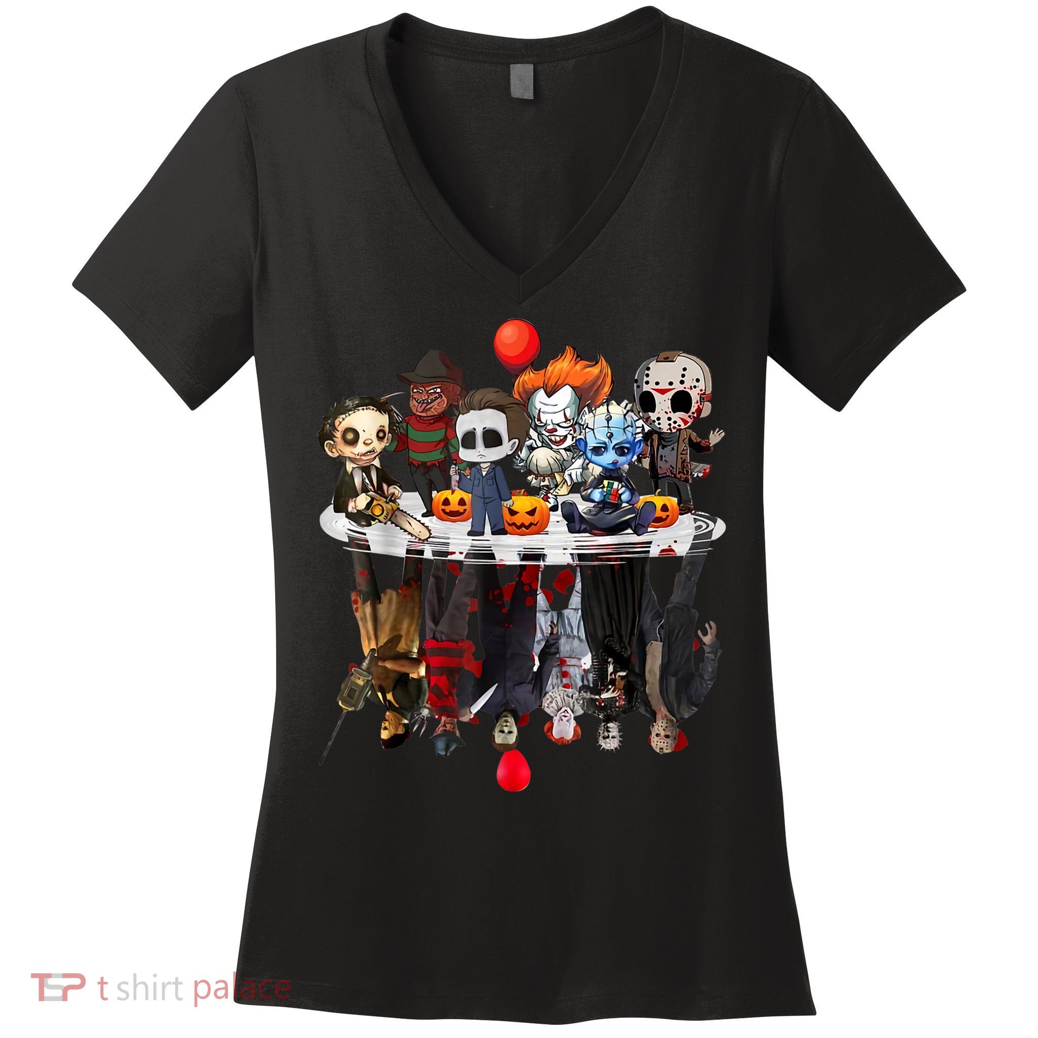 Funny Halloween, Cute Halloween, Cute Horror Movie Chibi Character Water Reflect Women's V-Neck T-Shirt