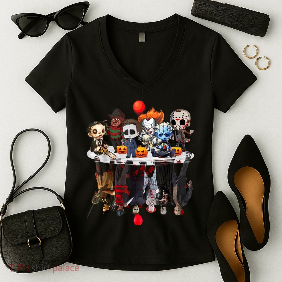 Funny Halloween, Cute Halloween, Cute Horror Movie Chibi Character Water Reflect Women's V-Neck T-Shirt