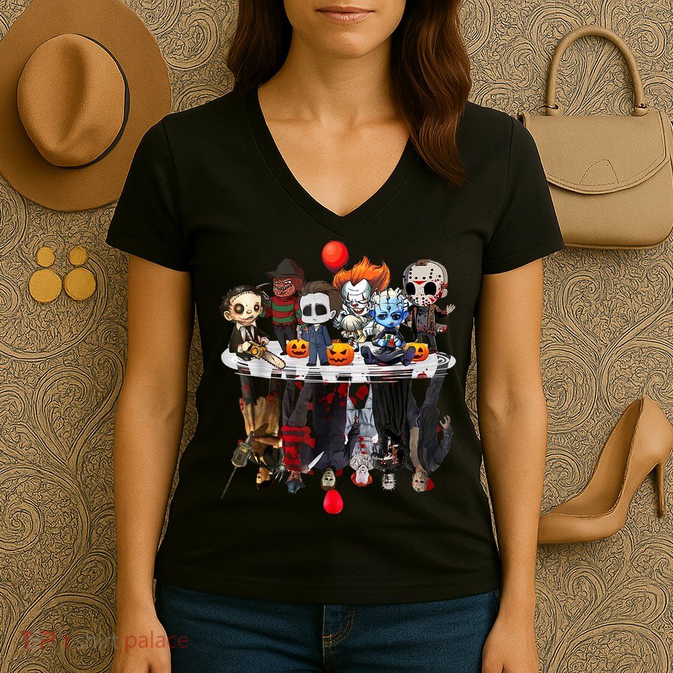 Funny Halloween, Cute Halloween, Cute Horror Movie Chibi Character Water Reflect Women's V-Neck T-Shirt
