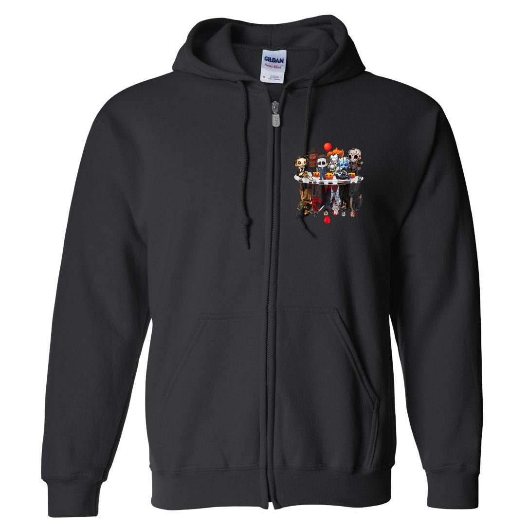 Funny Halloween, Cute Halloween, Cute Horror Movie Chibi Character Water Reflect Full Zip Hoodie