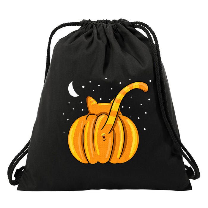 Funny Halloween Cat Butt Pumpkin Orange Tabby Lover Drawstring Bag