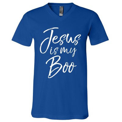 Funny Halloween Christian Ghost Pun Cute Jesus Is My Boo Gift V-Neck T-Shirt