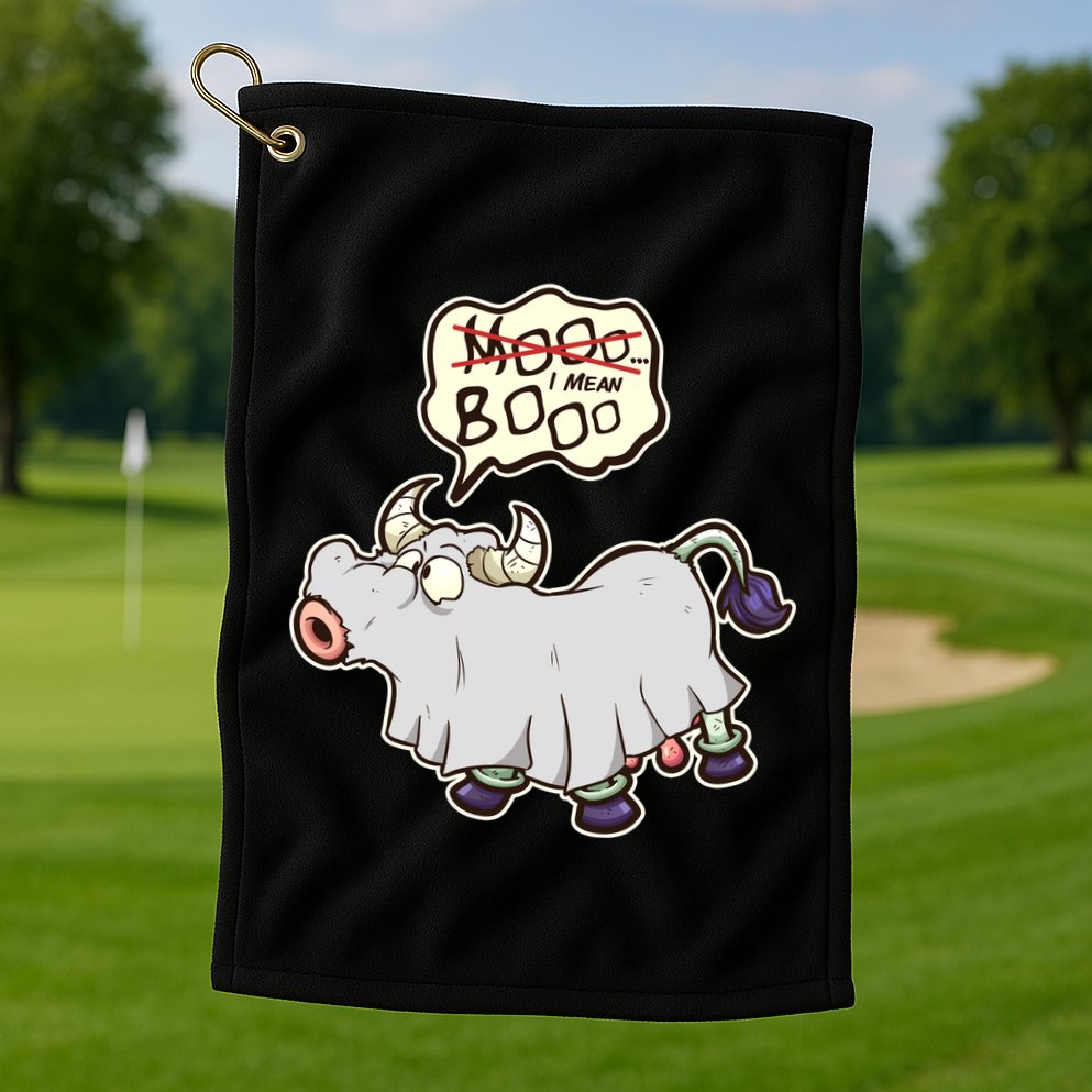 Funny Halloween Cow Moo I Mean Boo Golf Towel