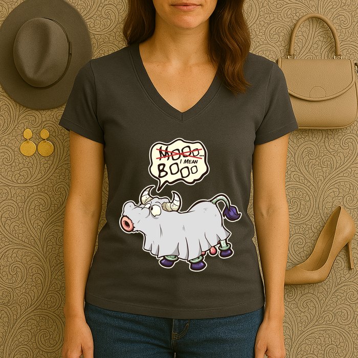 Funny Halloween Cow Moo I Mean Boo Women's V-Neck T-Shirt