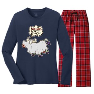 Funny Halloween Cow Moo I Mean Boo Women's Long Sleeve Flannel Pajama Set 