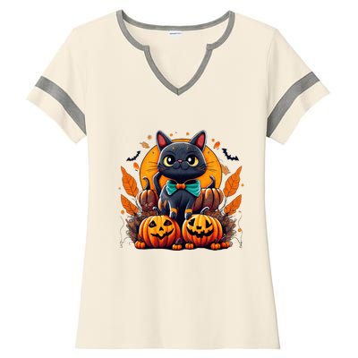 Funny Halloween Cat Costume Pumpkin Cat Black Cat Halloween Ladies Halftime Notch Neck Tee