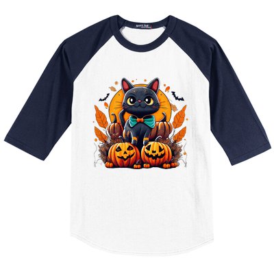 Funny Halloween Cat Costume Pumpkin Cat Black Cat Halloween Baseball Sleeve Shirt