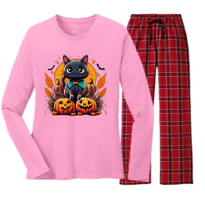 Funny Halloween Cat Costume Pumpkin Cat Black Cat Halloween Women's Long Sleeve Flannel Pajama Set 