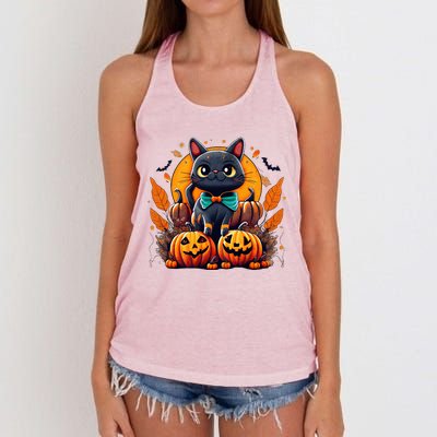 Funny Halloween Cat Costume Pumpkin Cat Black Cat Halloween Women's Knotted Racerback Tank