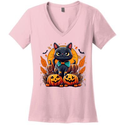 Funny Halloween Cat Costume Pumpkin Cat Black Cat Halloween Women's V-Neck T-Shirt