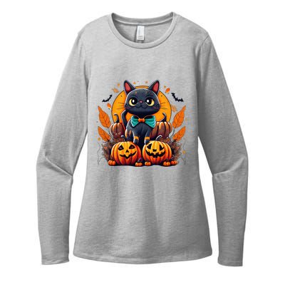 Funny Halloween Cat Costume Pumpkin Cat Black Cat Halloween Womens CVC Long Sleeve Shirt