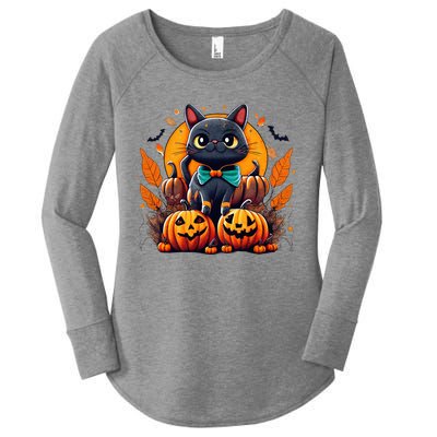 Funny Halloween Cat Costume Pumpkin Cat Black Cat Halloween Women's Perfect Tri Tunic Long Sleeve Shirt