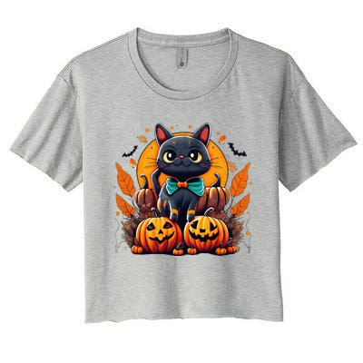 Funny Halloween Cat Costume Pumpkin Cat Black Cat Halloween Women's Crop Top Tee