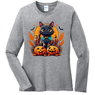 Funny Halloween Cat Costume Pumpkin Cat Black Cat Halloween Ladies Long Sleeve Shirt